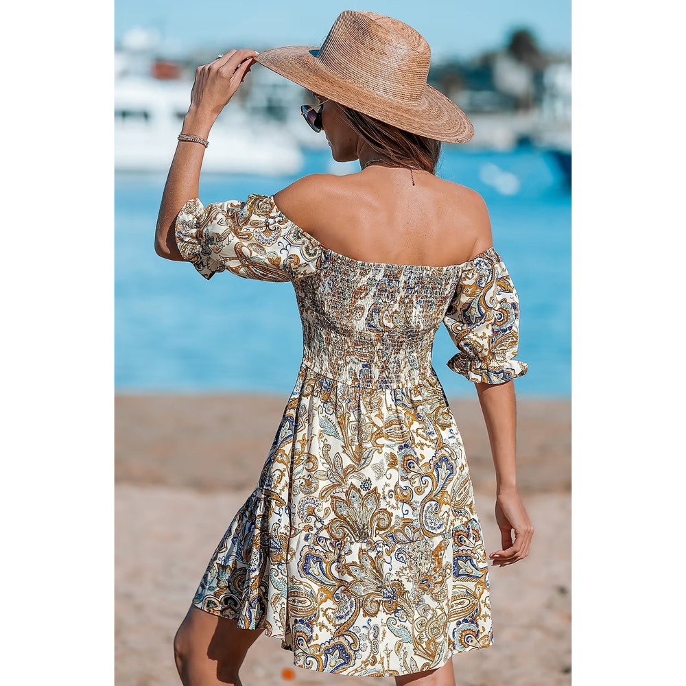 Boho Paisley‎ Smocked Off The Shoulder Mini Dress